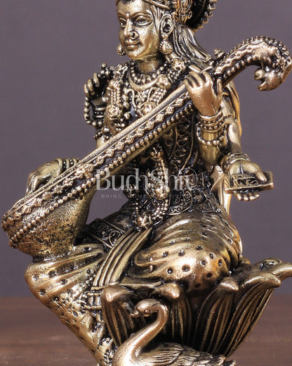 Brass Saraswati Idol Seated on Lotus 4 inch