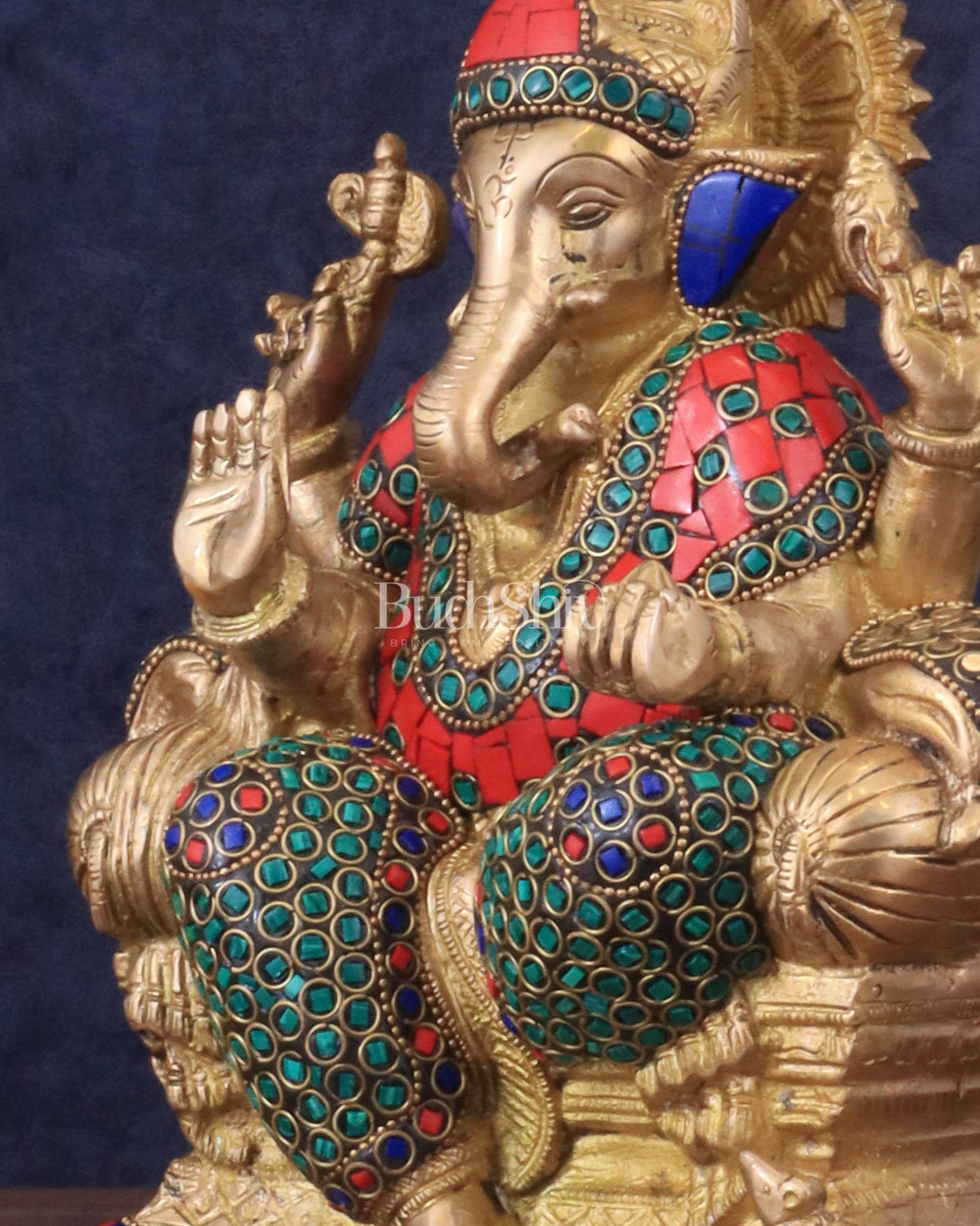 Brass Ganesha statue with Meenakari Stonework | 10" Height