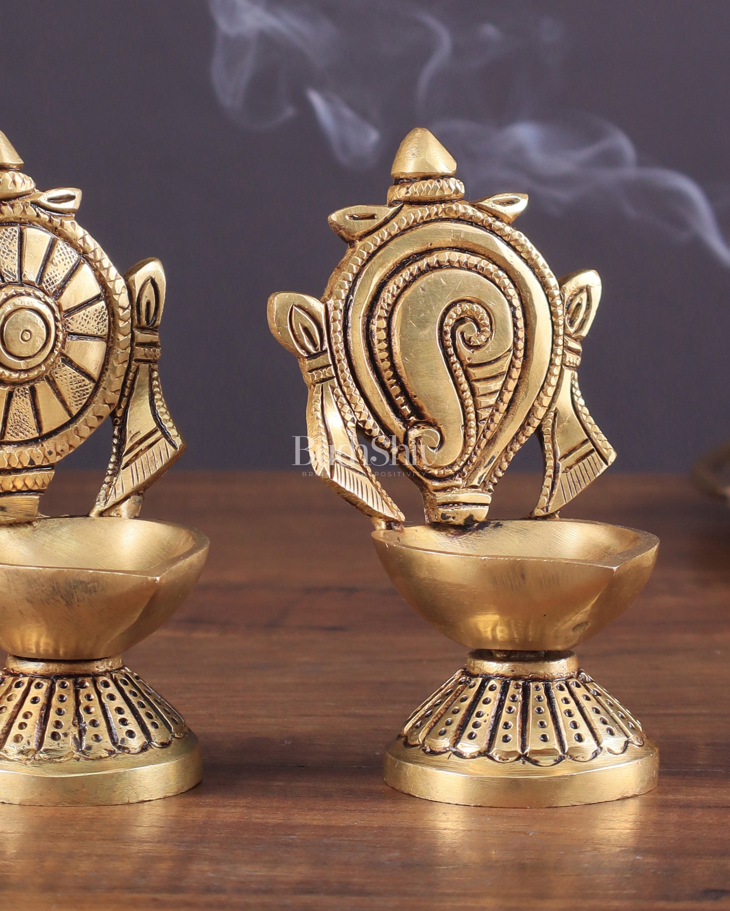 Pure Brass Shankh Chakra Oil Lamps (Pair) 4.5"