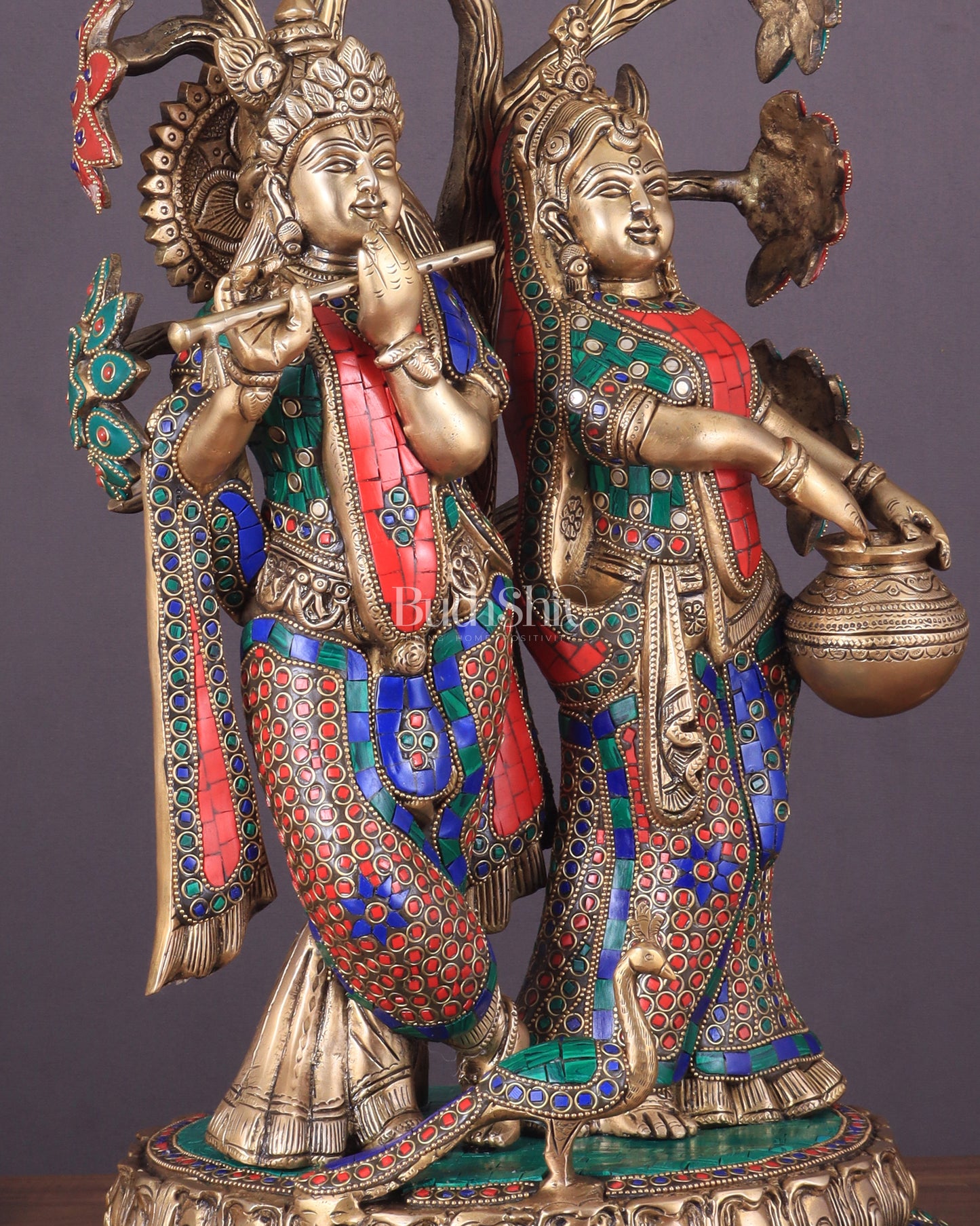 Radha Krishna Under Kadamba Tree | Superfine Brass Sculpture | 21 Inch Height with stonework