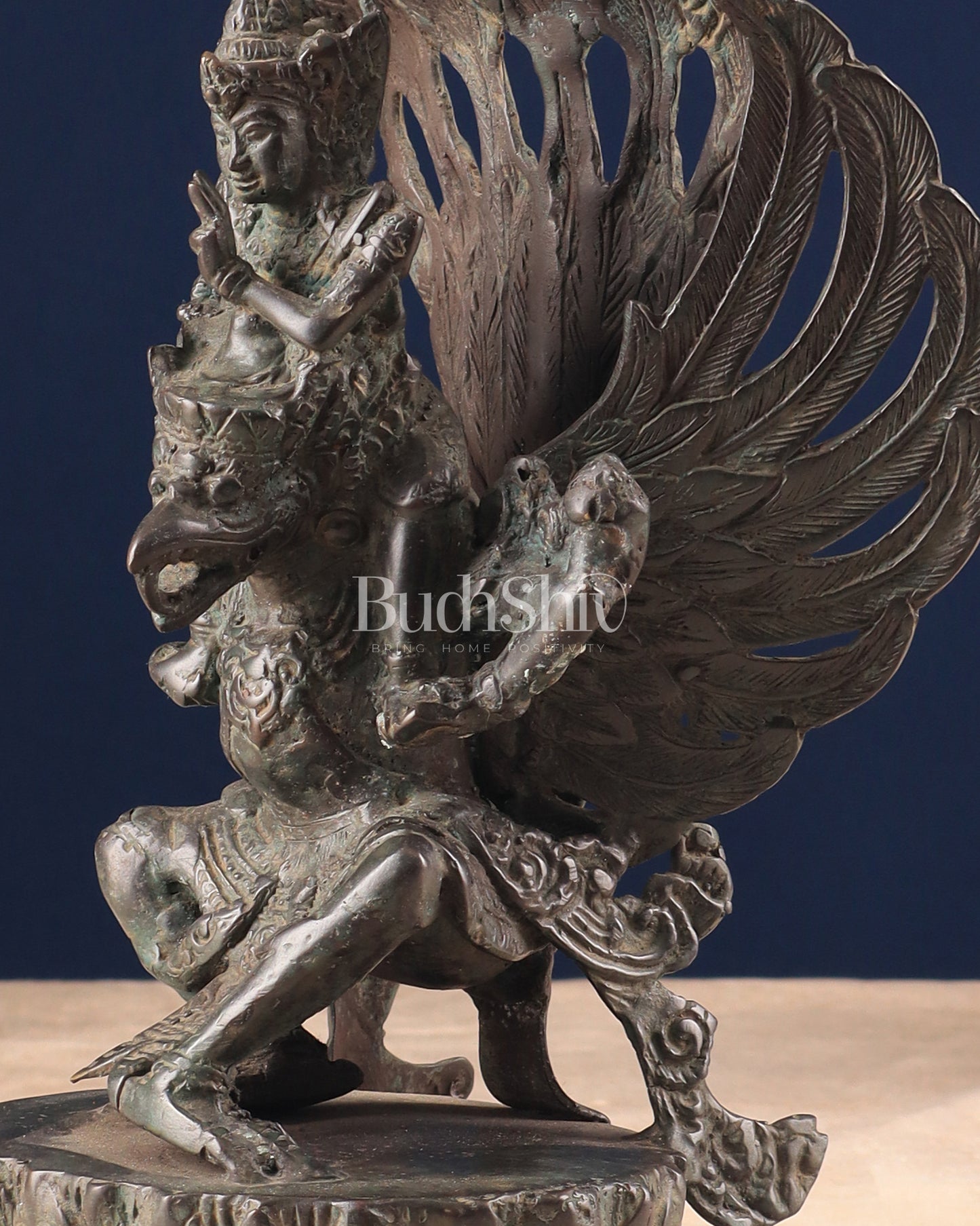 Vintage Indonesian Bronze Lord Vishnu Seated on Garuda Vahana Sculpture 12"