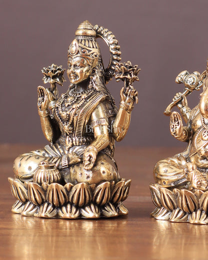 Brass Superfine Ganesha Lakshmi Idols - 3" Height | Intricate Lightweight Duo