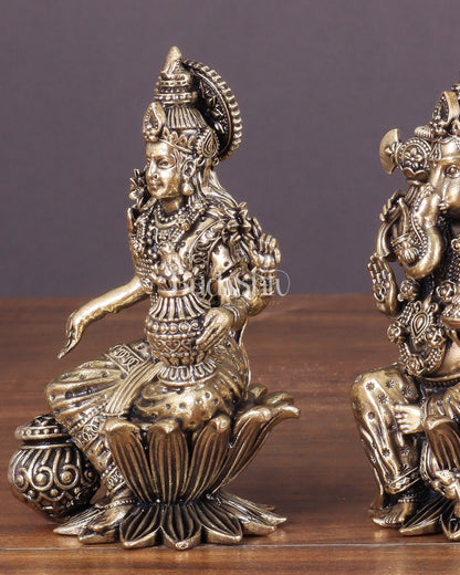 Brass Ganesha and Lakshmi Idol Pair Seated on Lotus 4"