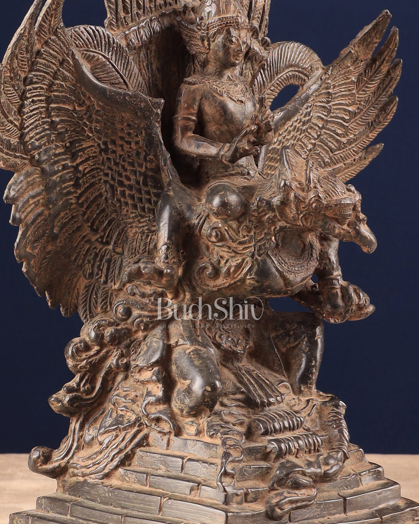 Vintage Indonesian Bronze Lord Vishnu Seated on Garuda Vahana Sculpture 13"