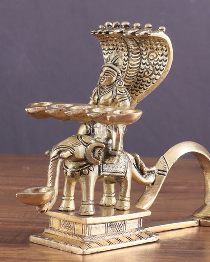 Pure Brass Superfine Naag Kanya Sitting on an Elephant Aarti Diya – Rare Find 6"