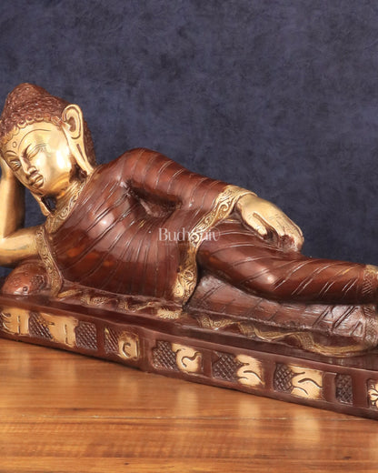 Brass Reclining Sleeping Buddha Sculpture in Unique Dual Tone 20 inch wide