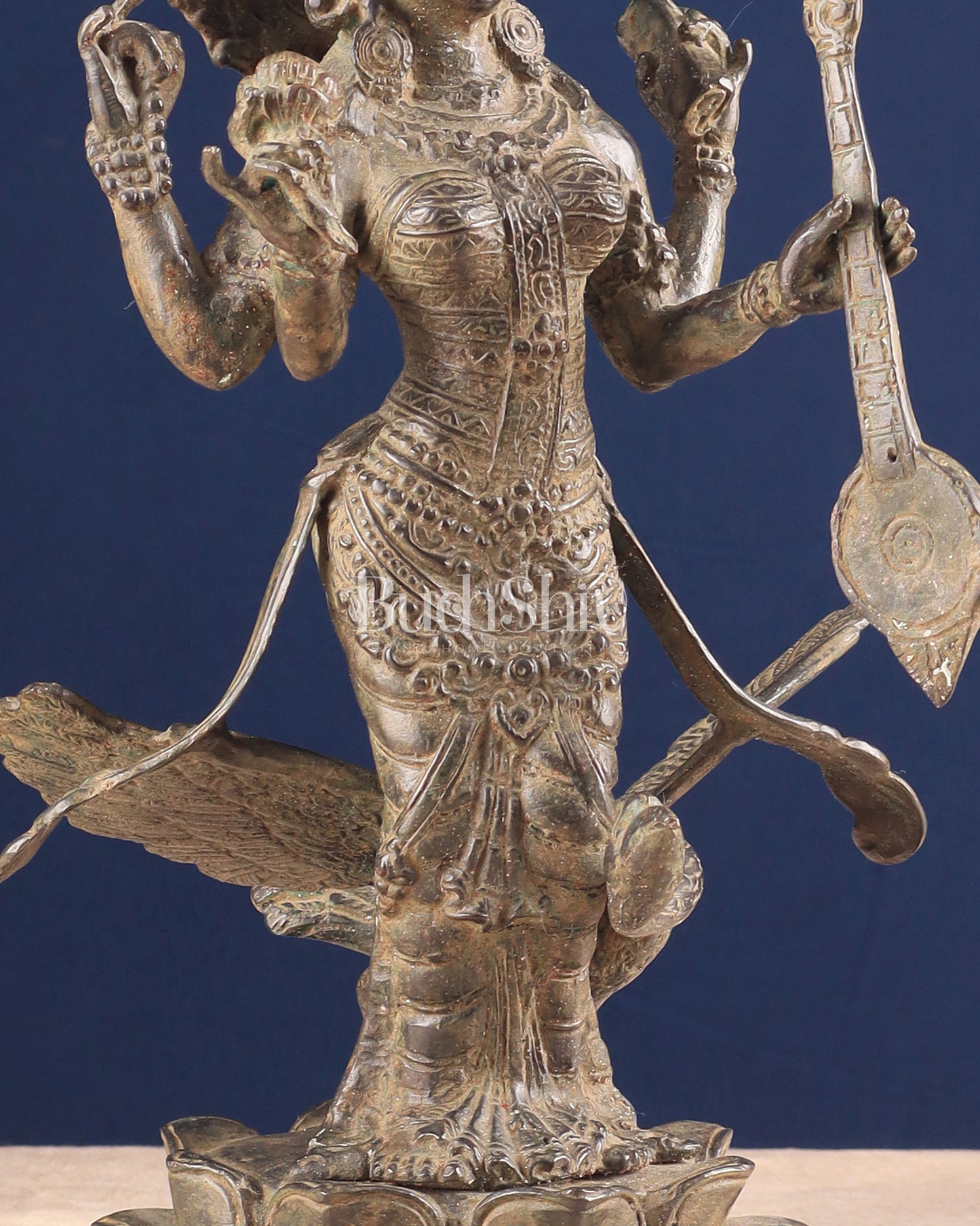 Vintage Indonesian Bronze Goddess Saraswati with Swan Sculpture 14"