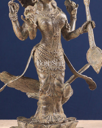 Vintage Indonesian Bronze Goddess Saraswati with Swan Sculpture 14"