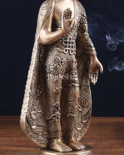 Pure Brass Standing Lord Buddha Statue – Fully Engraved 11"