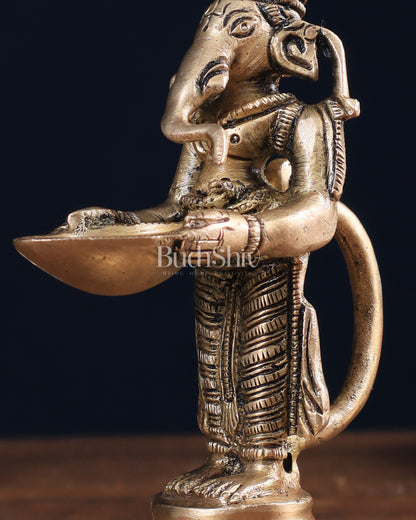 Brass Ganesha Holding Single Diya Statue 5.5"