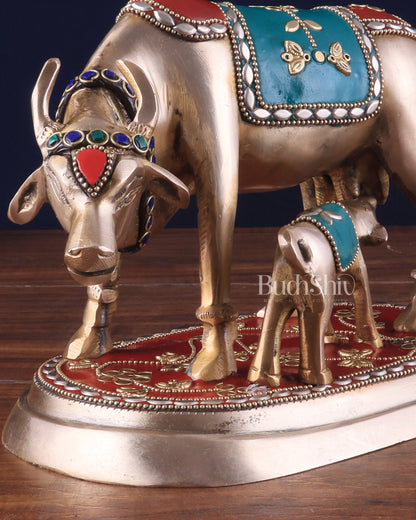 Pure Brass Kamdhenu Cow with Calf Statue - Meenakari Stonework, 8"