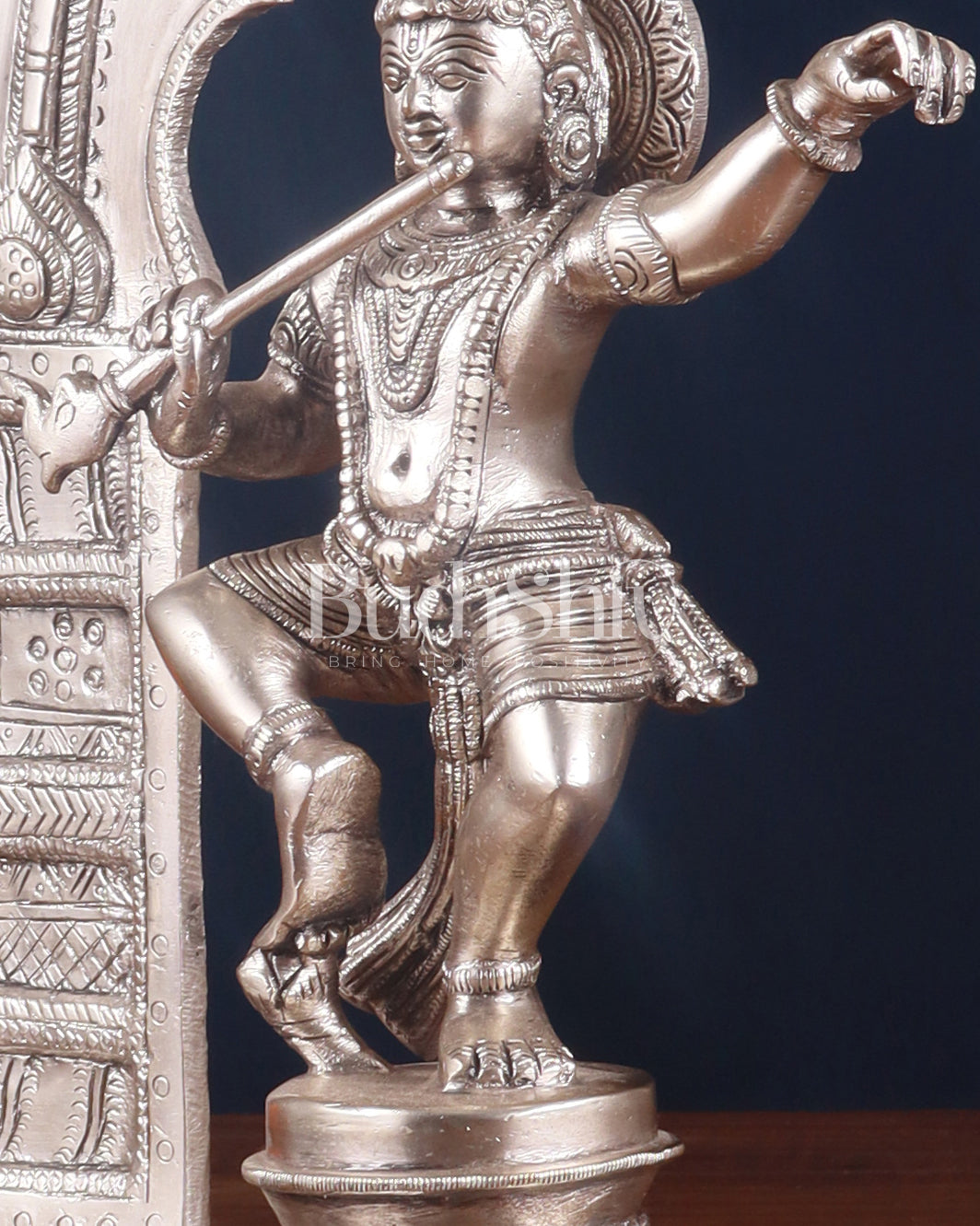 Brass Dancing Lord Krishna & Silver-Plated Prabhavali Arch Frame – Divine Combo 17"