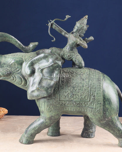 Indonesian Bronze Lord Ram on Elephant Raising Bow Sculpture 23"