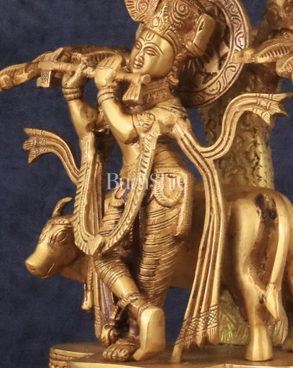 Pure Brass Lord Krishna with Cow Under a Tree Statue 12 inch