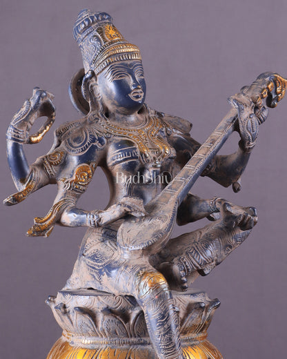 Vintage Brass Goddess Saraswati Statue - Sand Finish - 11"