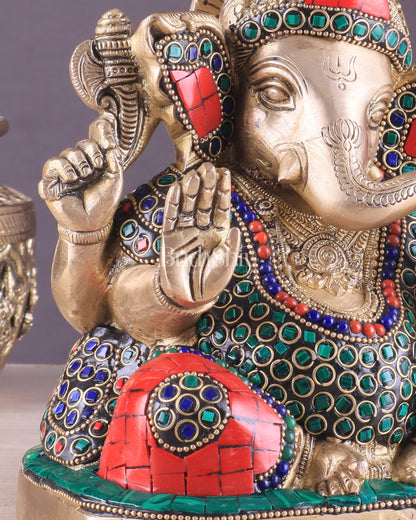 Pure Brass Ganesha Statue with Stonework – 7.5 Inch Elegant Design