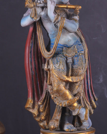 Pure Brass Lord Krishna Vintage Hand-Painted Sculpture 18.5"