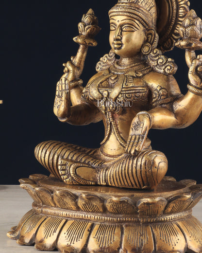 Brass Lotus Lakshmi Statue - Dull Gold Finish 12"