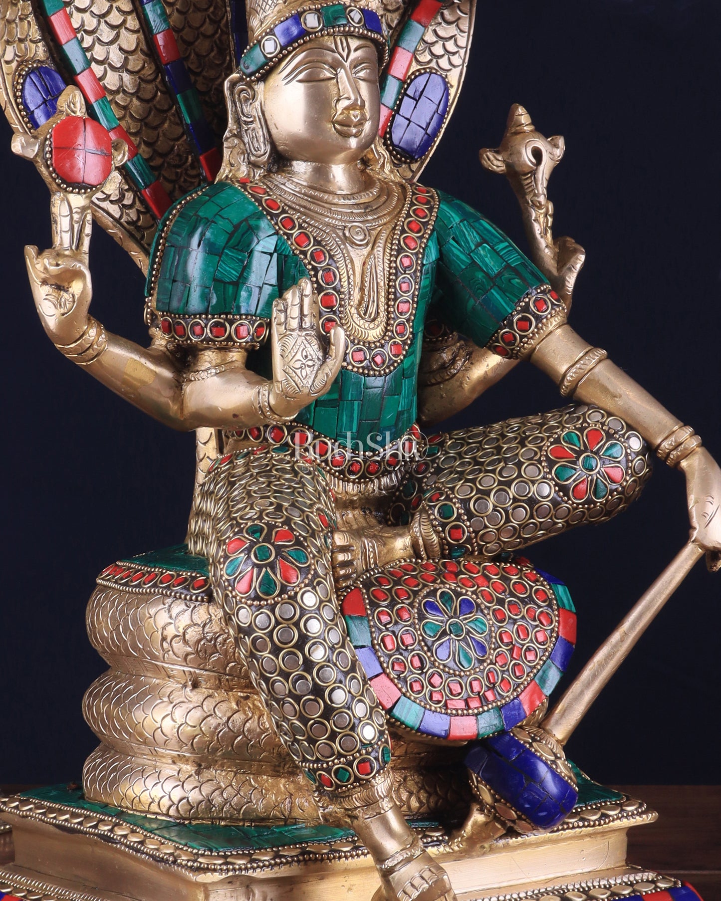 Pure Brass Lord Vishnu statue Sitting Under Sheshanaaga | 11 Inch stonework