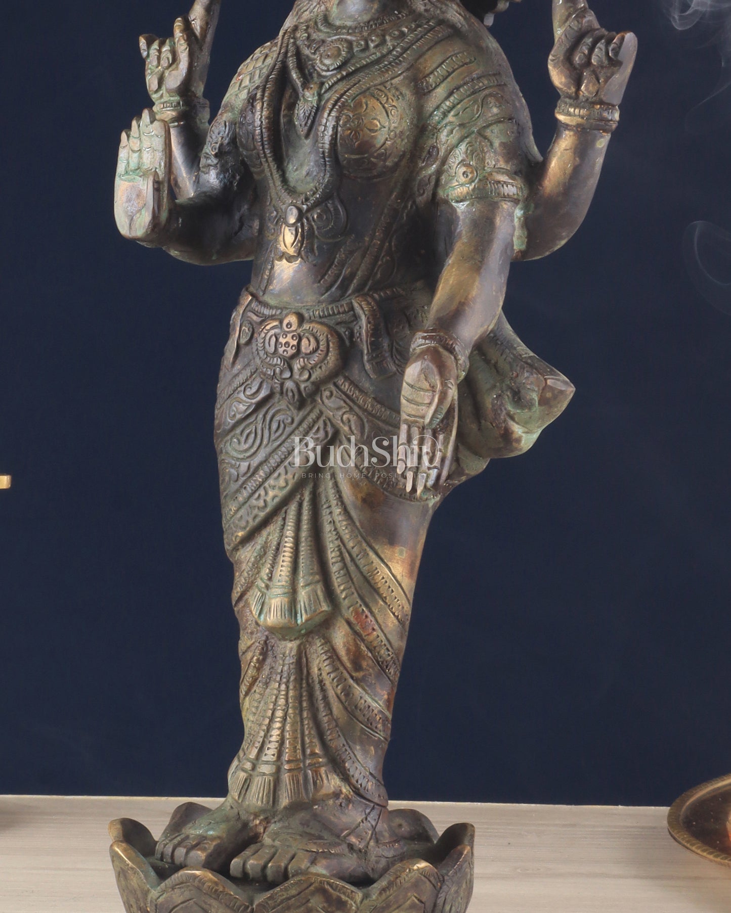 Brass Lakshmi idol standing vintage patine 16.5"