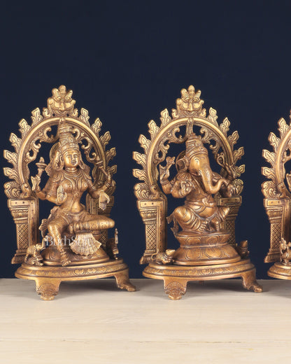 Pure Brass Ganesh, Lakshmi, Saraswati with Prabhavali Idols (Dual Tone Finish) 12"