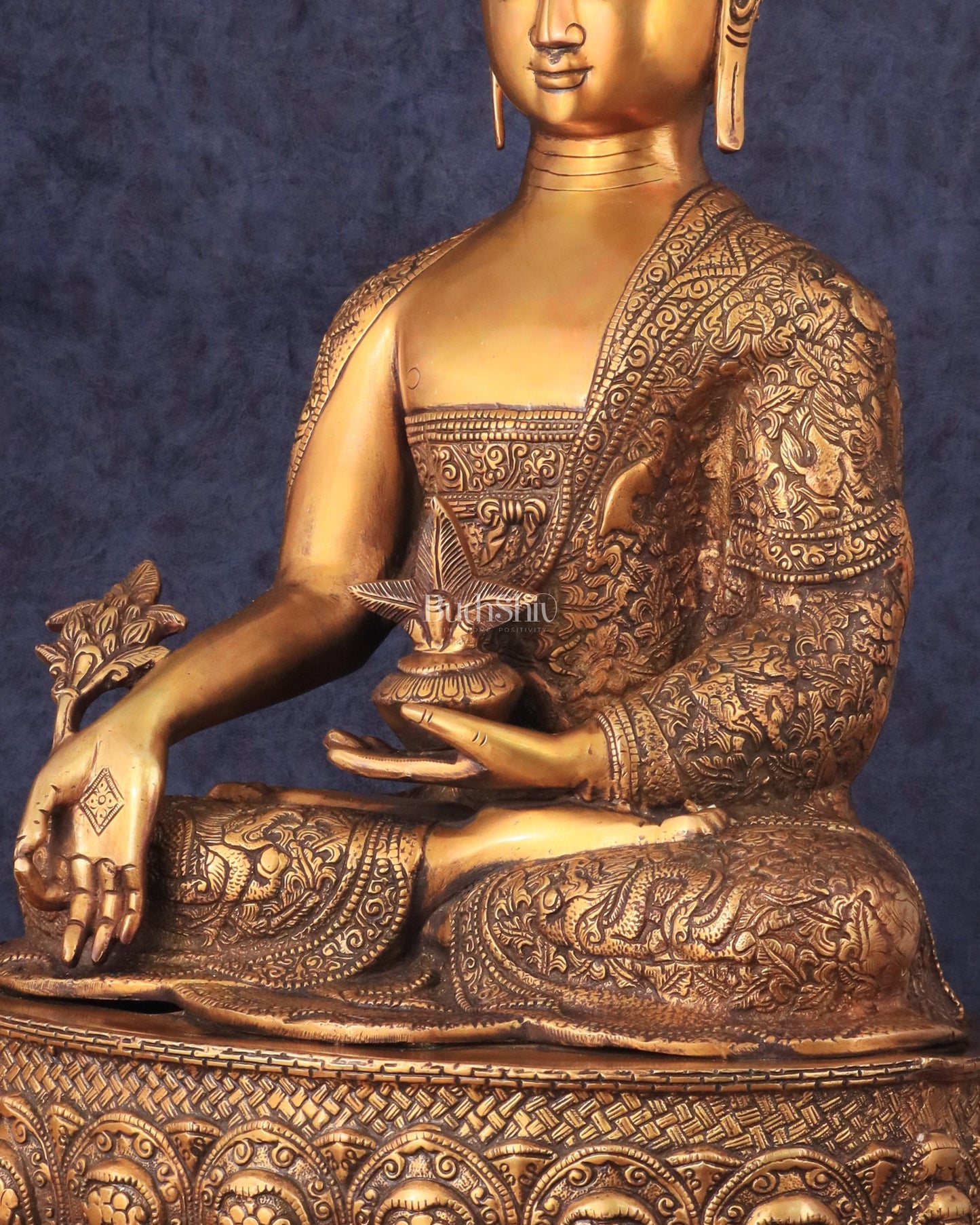 Pure Brass Handcrafted Medicine Buddha Statue with Dragon Carvings 22"