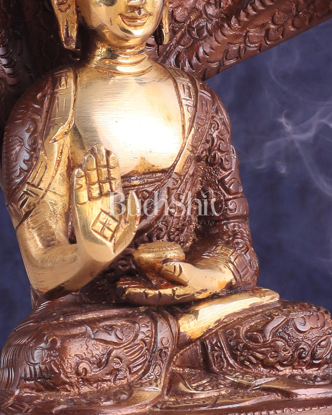 Pure Brass Blessing Buddha Idol under Serpent Muchalinda 8" dual tone