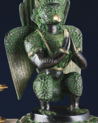 Pure Brass Unique Garuda Dev Statue (Black and Green Antique Tone) 17"