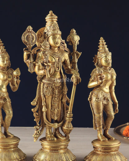 Brass Lord Vishnu with Bhudevi and Sridevi Statues – Intricate Sculptures, 13"