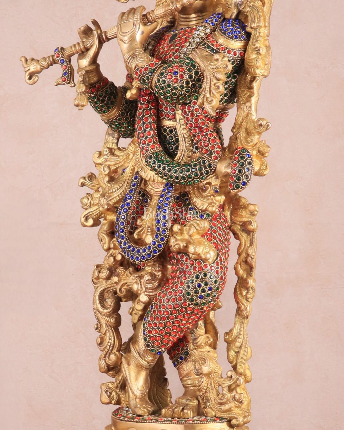 Brass Handcrafted Krishna Statue - 30" jewel work