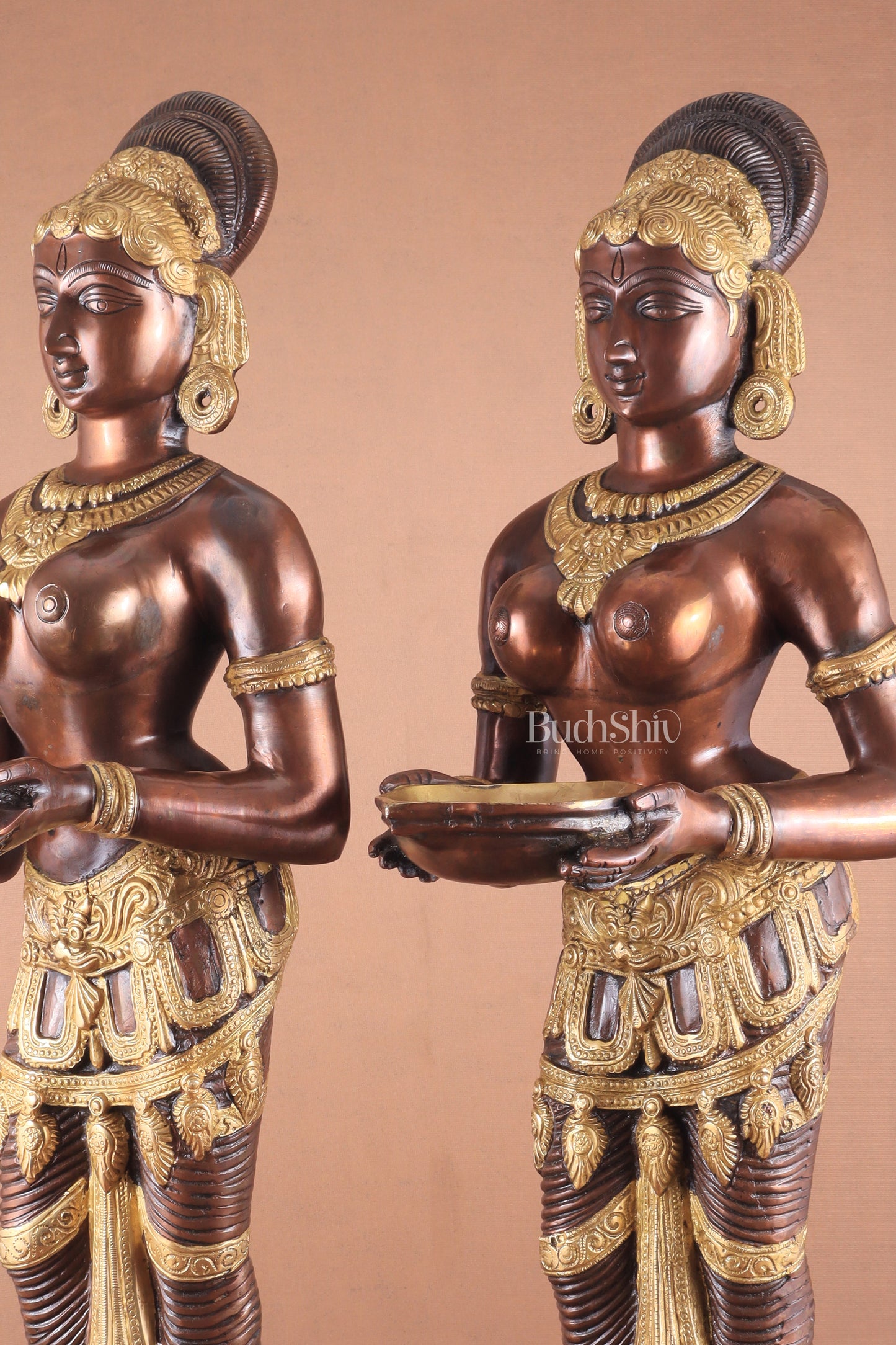 Pure Brass Deep Lady Pavaai Vilakku in a dual-tone South Copper and Golden finish 32"