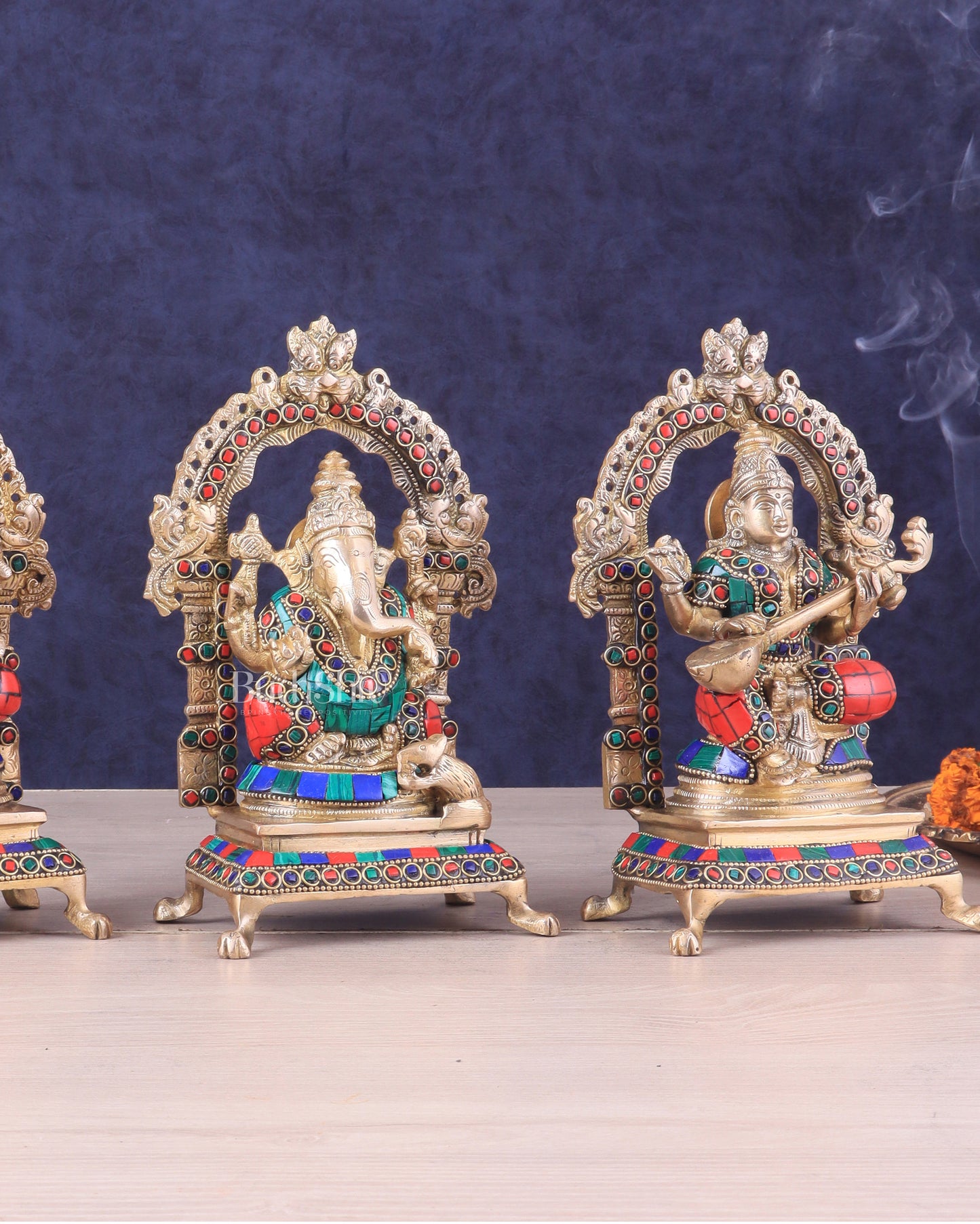 Pure Brass Ganesha, Lakshmi, Saraswati Idol Set | Meenakari Stonework 8"