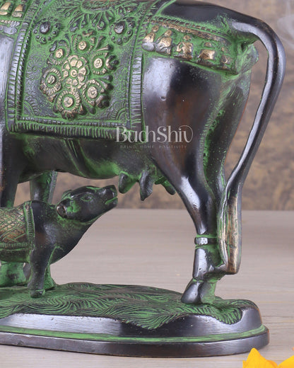 Pure Brass Kamadhenu Cow with Calf Statue – Black and Green Tone