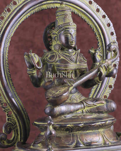 Vintage Brass Goddess Saraswati Statue – Sand Patina Finish 13"