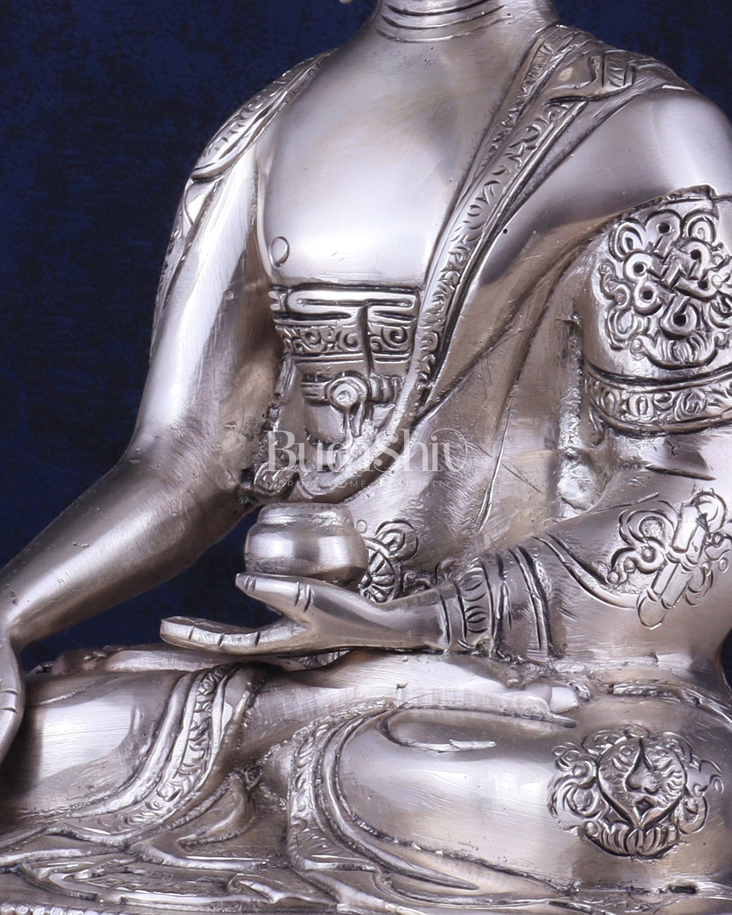 Pure Brass Blessing Buddha Statue - Silver plated , 12.5" Height