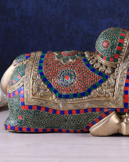 Elegant Brass Nandi Statue with Intricate Stonework 21"