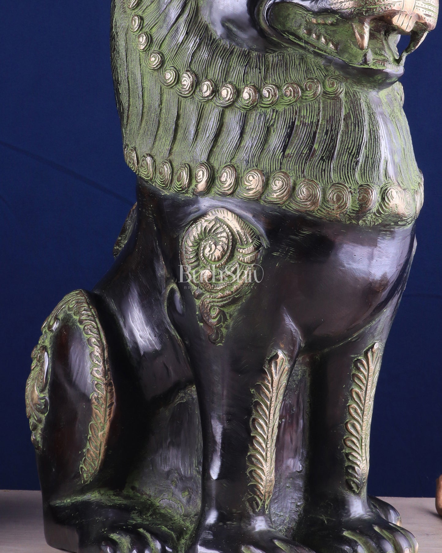 Pure Brass Large Tibetan Lion - Vintage Black-Green Tone, 21 Inches