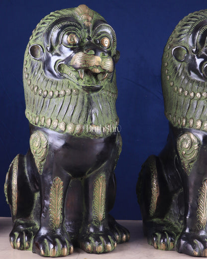 Pure Brass Large Tibetan Lions Pair - Vintage Black-Green Tone, 21 Inches