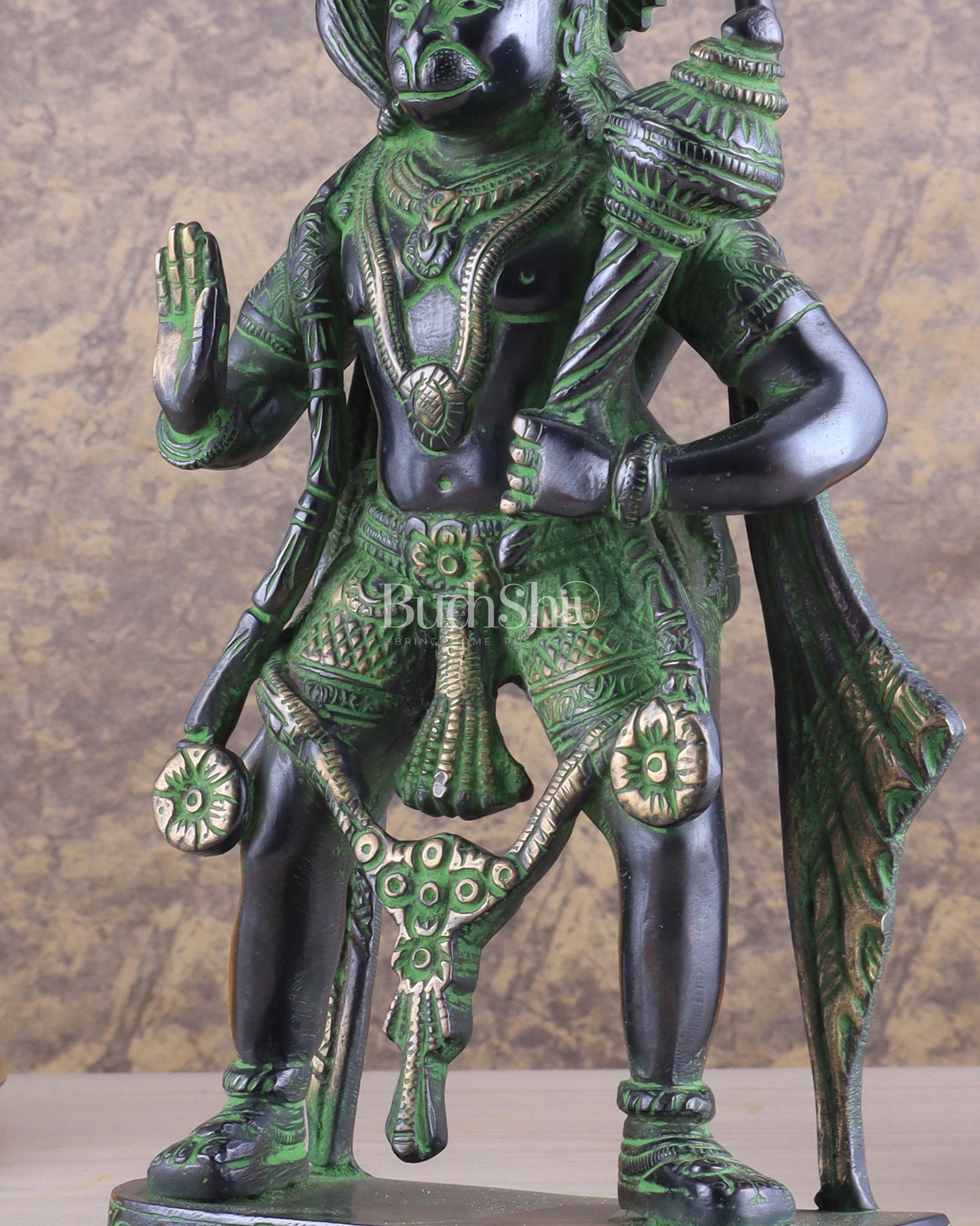 Pure Brass Standing Lord Hanuman Statue with Black and Green Tone 11 inch