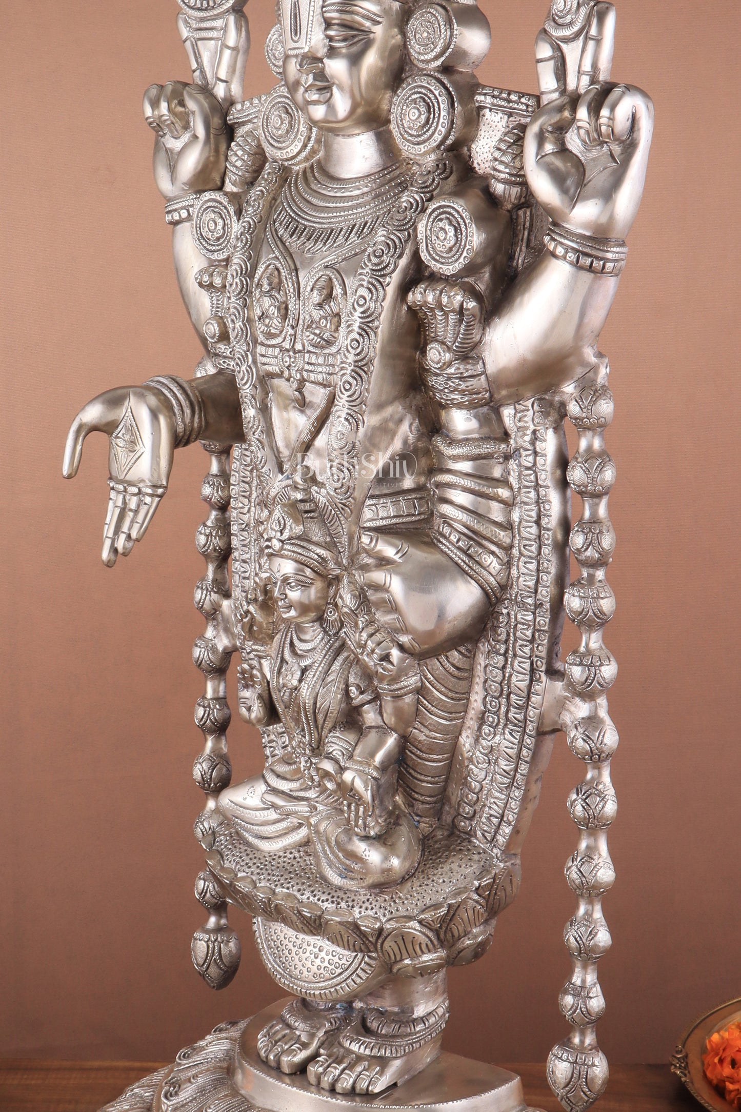 Pure Brass Lord Tirupati Balaji silver plated Statue with Goddess Padmavathi Engraved - 34.5 Inch