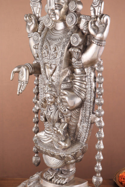 Pure Brass Lord Tirupati Balaji silver plated Statue with Goddess Padmavathi Engraved - 34.5 Inch