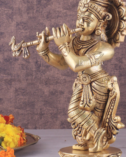 Brass Superfine Unique Lord Krishna Playing the Flute Idol 12"