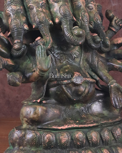 Pure Brass Large Panchmukhi Ganesha Statue - Vintage Green Patina, 13"