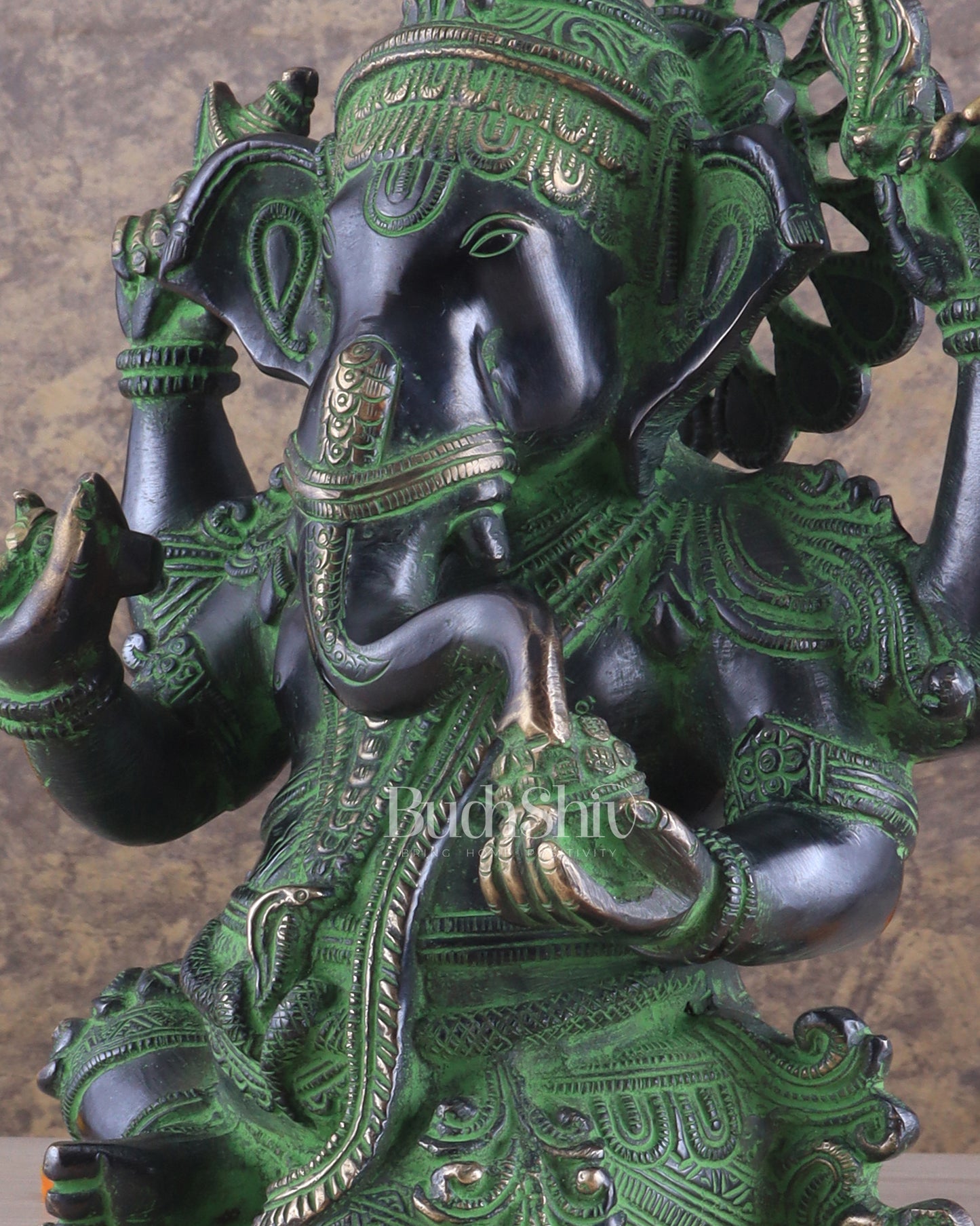 Unique Pure Brass Lord Ganesha Idol with Black and Green Patina Finish 7.5"