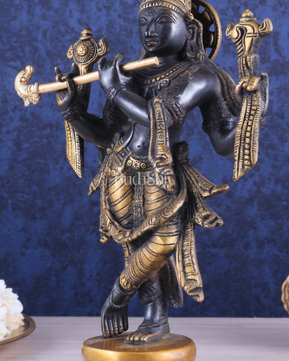 Pure Brass Krishna Roopam Vishnu Sculpture - black and gold Finish | 12"