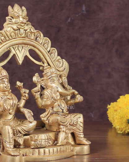 Pure Brass Lord Ganesha and Lakshmi Seated Together Statue - 7"