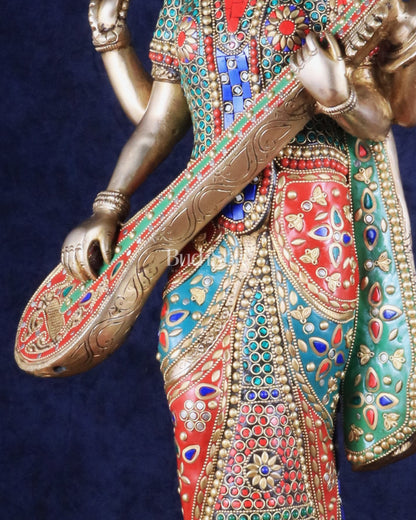 Standing Saraswati Brass Murti meenakari - 25 inch