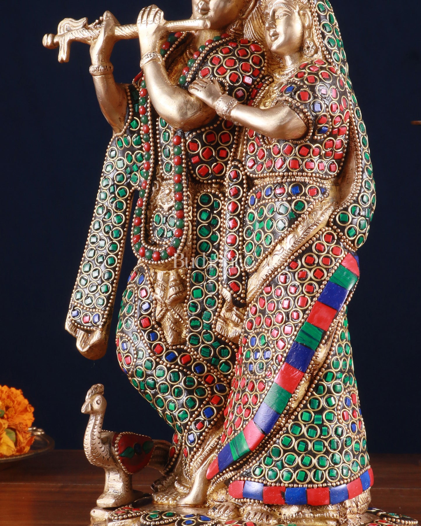 Brass Radha Krishna Idol 12 inch multicolour stonework