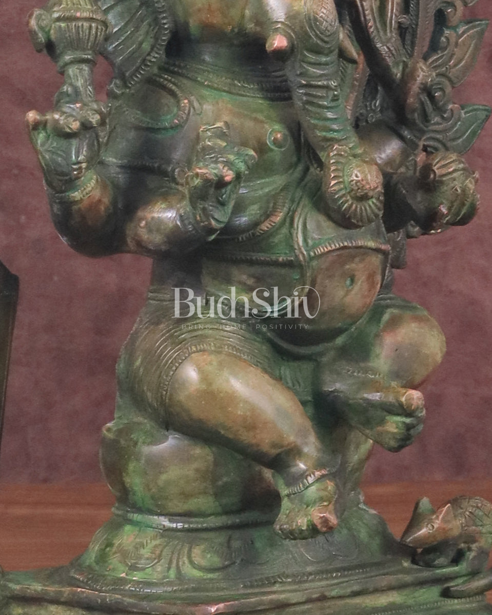 Pure Brass Vintage Lord Vinayaka (Ganesha) with Prabhavali - Green Patina, 15.5"