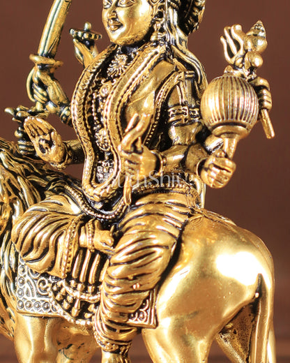 Pure Brass Superfine Durga on Lion Idol golden tone